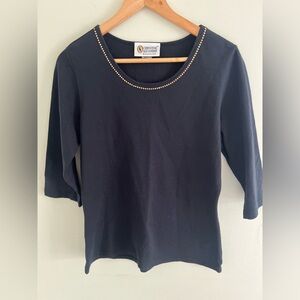 Christine Alexander Black Studded Neckline Long Sleeve Top Large Stretch Cotton